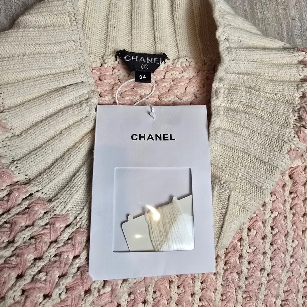 CHANEL cream & pink cotton 2018 18P RIBBON KNIT MINI Skirt 34